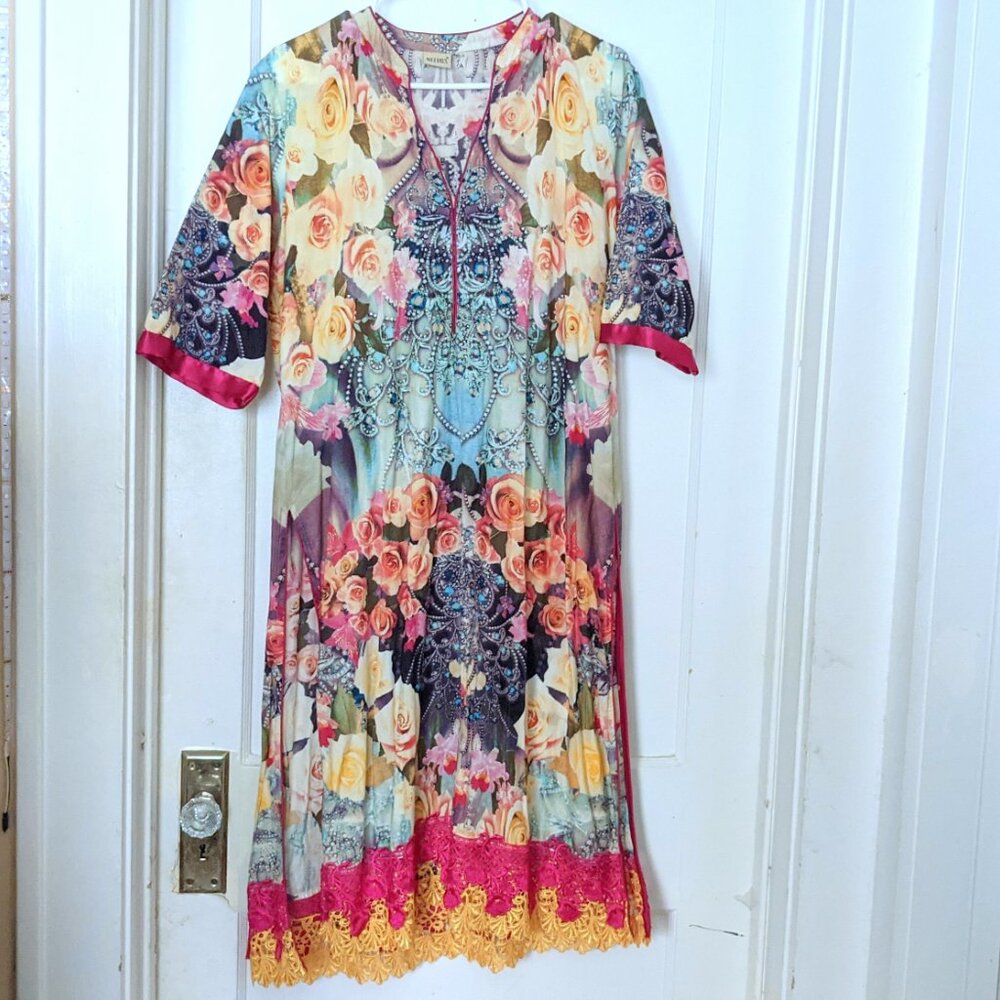 Neerus Indian Tunic Dress Kurti Floral Chandelier Printed Size XL